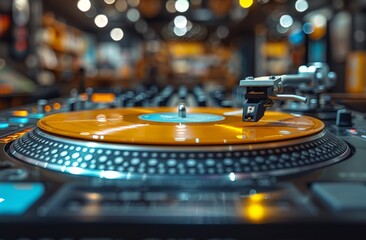 The needle of a turntable delicately positioned on an orange vinyl record, symbolizing the blend of retro and modern music technology