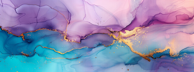 Surreal Sky: Alcohol Ink Art with Lavender Clouds and Gold Accents on Aquamarine Canvas - obrazy, fototapety, plakaty