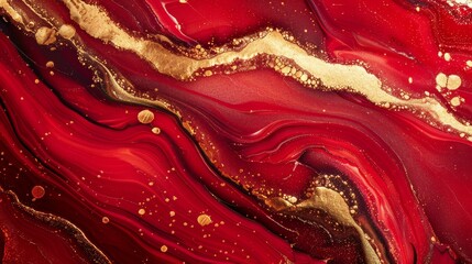 Abstract art red marbled pattern with golden veins