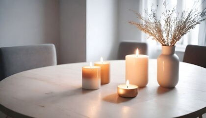 Clean Aesthetic Scandinavian style table with decorations. Zen. Spiritual	