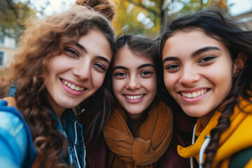 Group of happy female teenagers taking selfie outdoors together. - obrazy, fototapety, plakaty