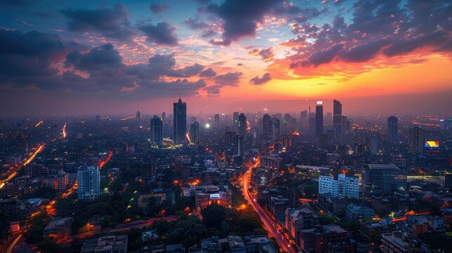 Cityscape of Metropolitan Karachi Pakistan during sunset. City of lights. Generative Ai