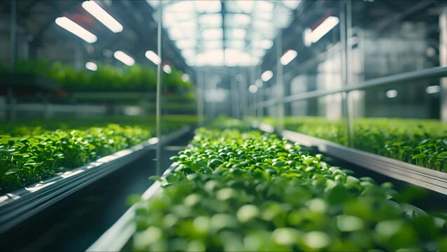 Large industrial greenhouse with fresh natural plants. Concept of growing healthy food, diet, vegetarianism and technology.