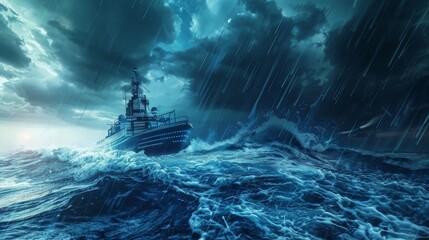 A lone ship sails through a stormy sea. - obrazy, fototapety, plakaty