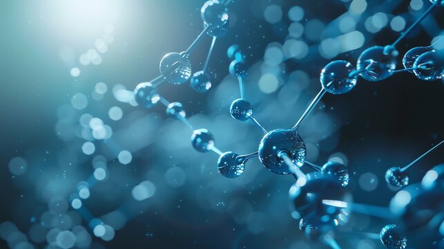 Blue translucent molecular structure on a dark blue background with a bright white light in the top left corner.