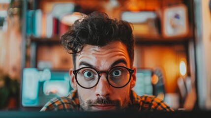 Man with glasses looking at the camera with a surprised expression on his face. - obrazy, fototapety, plakaty