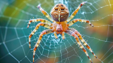 Close-up of a spider in the center of its web - obrazy, fototapety, plakaty
