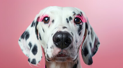 Dalmatian dog with long pink eyelashes on pink background