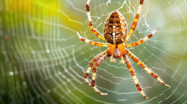 Close-up of a spider in the center of its web