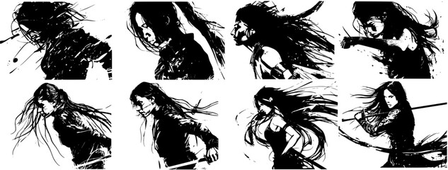 Eight vector illustrations of a woman warrior