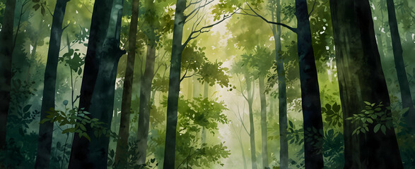 Earth Day Watercolor: Ultra Realistic View from Beneath a Forest Canopy Dappled with Light - Perfect for Greeting Cards and Wallpaper