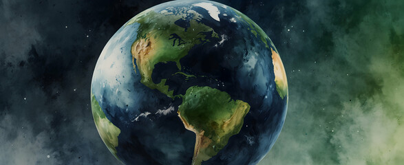 Earth Day Watercolor: Ultra Realistic Gaia Palette Depiction of Earth from Space Highlighting Blues and Greens - Perfect for Greeting Cards and Wallpaper - obrazy, fototapety, plakaty