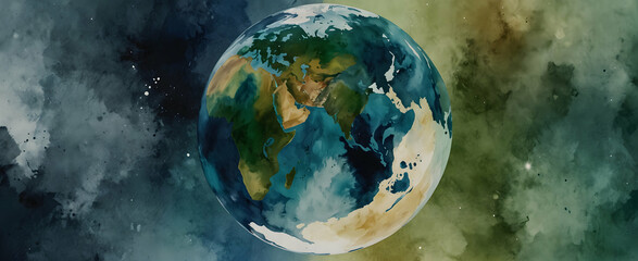 Earth Day Watercolor: Ultra Realistic Gaia Palette Depiction of Space Viewed Earth, Highlighting Blues and Greens in Greeting Cards Theme - obrazy, fototapety, plakaty