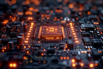 Obraz premium Detailed image of an electronic circuit board with a central processing unit glowing, symbolizing advanced technology