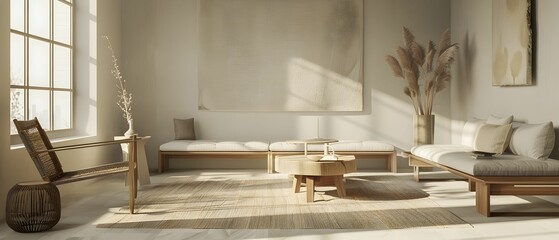 Minimalist Living Room Interior with Sunlight and empty wall