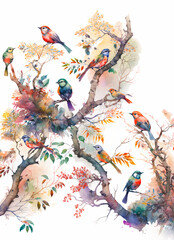 Landscape of branches with colorful birds on trees, in matching colors style watercolor painting