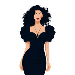 Naklejka premium Vector fashion illustration of a young beautiful woman with an abstract face in an elegant black dress with voluminous sleeves. 