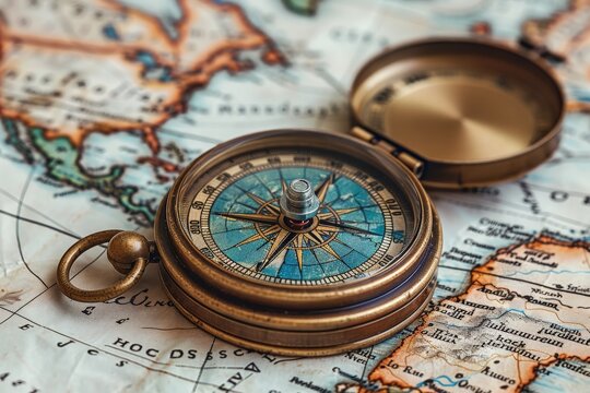 A classic brass compass over an old map featuring Europe, showcasing the age of exploration with intricate details