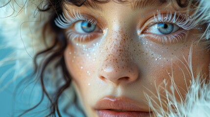 Woman with long white eyelashes close up