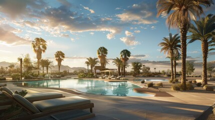 A serene desert oasis with palm trees,  a sparkling pool,  and lounge chairs,  offering a tranquil retreat from the heat and sand of the surrounding desert landscape