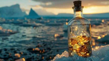 Bottle of gold coins against a backdrop of majestic arctic glaciers - obrazy, fototapety, plakaty