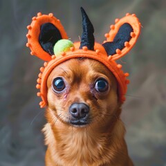 A small brown dog is wearing an orange hat