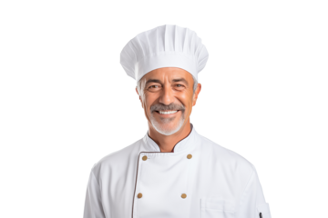 Middle aged man in chef uniform on isolated chroma key background
