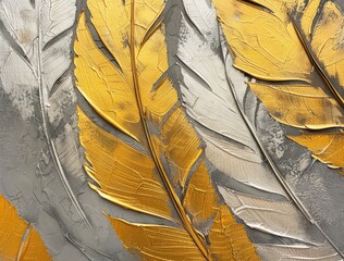 Golden feathers on a gray background. 3d rendering, 3d illustration.