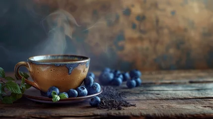 Fotobehang A cup of tea with blueberries on a saucer © NK