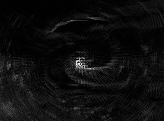 horizontal image. abstract storm vortex in with black background. white conceptual cuboid patterned centre eye shape - obrazy, fototapety, plakaty