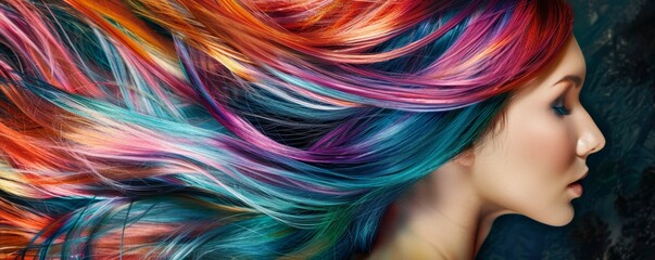 Woman with multicolored hair on black background