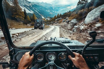 First-person view of a man driving an all-terrain vehicle on a 4x4 route in the mountains