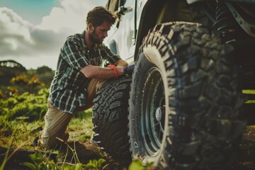 Fototapeta premium A man changing the flat tire of his off-road car in nature