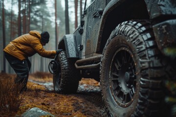 A man fixing the flat tire of his off-road car in the forest