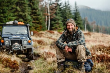 Portrait of a smiling man next to his off-road car in the mountains