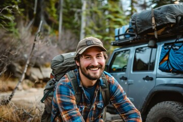 Portrait of a smiling man next to his off-road car in the mountains