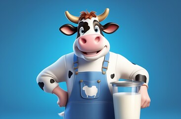 Illustration cartoon character farmer in form of cute smiling cow in overalls stands next to large glass fresh natural milk on blue background, production of organic dairy products, farming business