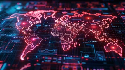 Digital World Map with Cyber Connections - obrazy, fototapety, plakaty
