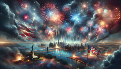 Firework Frenzy: A Dynamic Ultra Realistic Photo Capturing the Excitement of a Fireworks Show in a US Independence Day Poster - obrazy, fototapety, plakaty