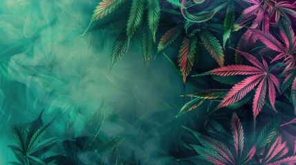 multicolored cannabis weed leaves atmospheric green background with smoke with copy space - obrazy, fototapety, plakaty