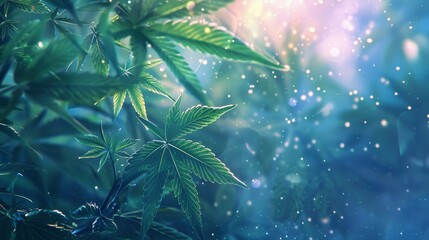 cannabis weed leaves atmospheric background with bokeh effect with copy space - obrazy, fototapety, plakaty