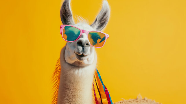 Stylish llama dons vibrant sunglasses and graduation sash against sunny yellow backdrop. Ideal for Spring, Summer, education and graduation concepts