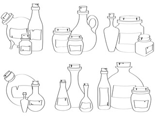 Contoured glass jar, bottle and flask with wooden cork collection vector illustration