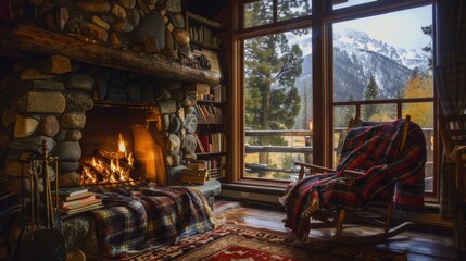 A cozy mountain cabin with a rustic stone fireplace,  plaid blankets,  and a cozy reading nook,  surrounded by snow-capped peaks and serene forest scenery
