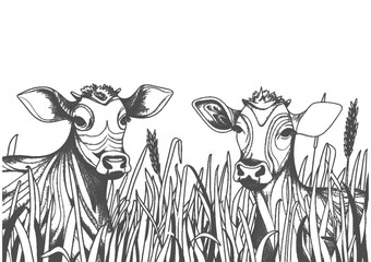 Quaint Sketch of Cow in Tall Grass.  line art, eco-friendly, organic, simple illustration. Use for logo, branding with animal food.