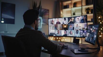 A virtual team meeting in progress, with a person engaging with colleagues on a video call, showcasing the collaboration and connection in remote work settings.