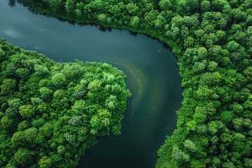 Aerial view of a winding river in a rainforest. The river's twists and turns create a captivating dance with the rainforest's lush foliage.