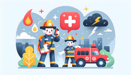 Flat Vector Illustration of Firefighters Responding to an Emergency Call with Urgency in Daily Work Environment - Isolated White Background