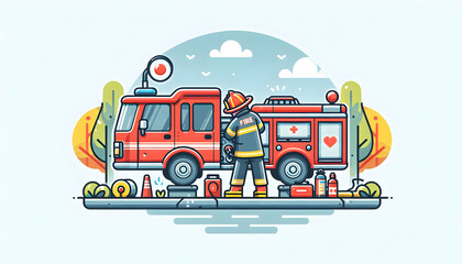 Simple flat vector illustration of Firefighter Stress Management in candid daily environment and routine of work with isolated white background