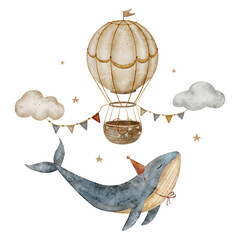 Vintage whales flying in sky with air balloon, clouds and stars watercolor isolated illustration. Sea animals in retro cartoon style for baby room poster and nursery decor, card, shoppers, dishes